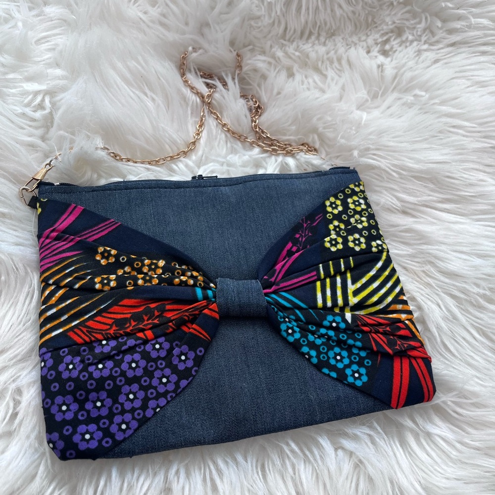 Pretty colorful Jean bow bag with long chain strap. Brand new. Handmade